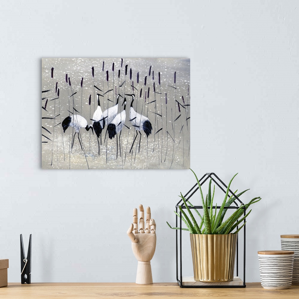 A bohemian room featuring Family of cranes in the reeds.