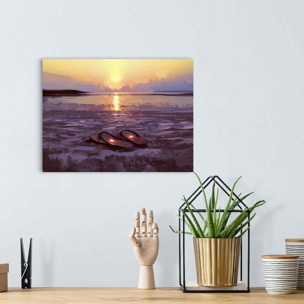 A bohemian room featuring Flip Flops With Lovely Hearts On The Beach At Sunset