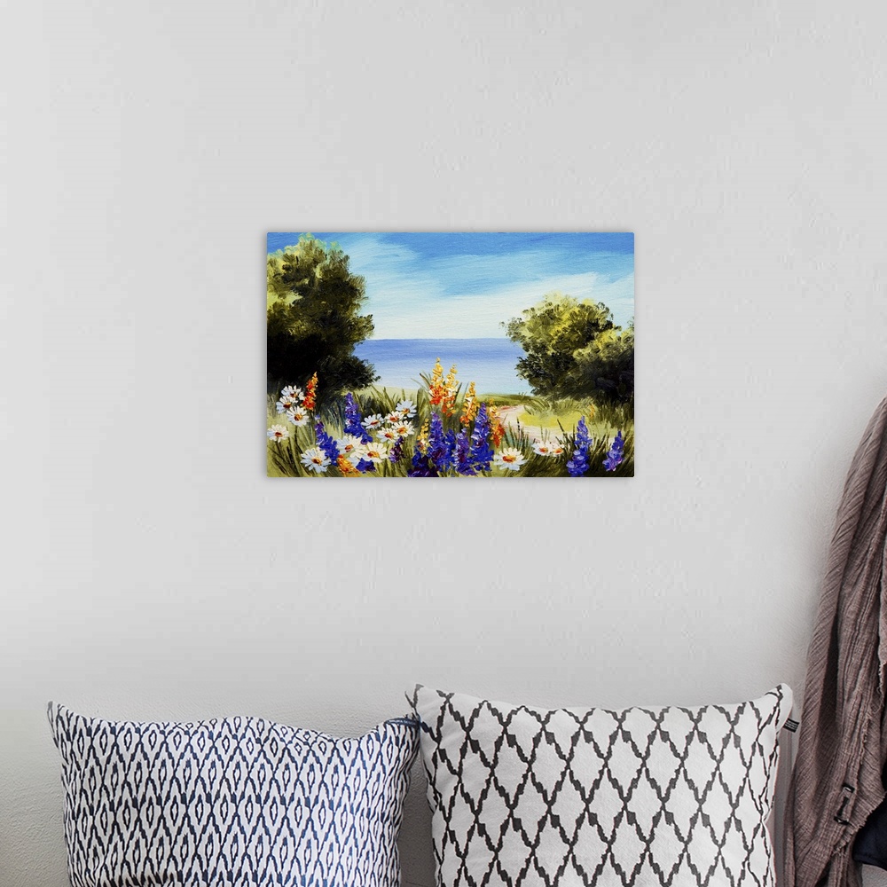 A bohemian room featuring Originally an oil painting flowers near the sea, chamomile field, sunset.