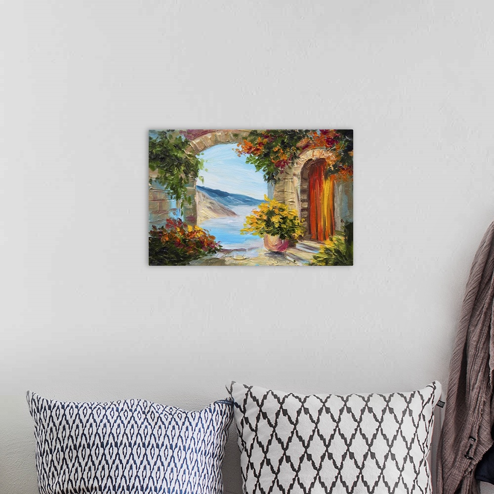 A bohemian room featuring Originally an oil painting of beautiful nature, colorful flowers, street.
