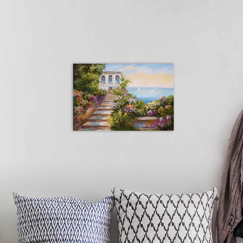 A bohemian room featuring Originally an oil painting of a house near the sea, colorful flowers, summer seascape.