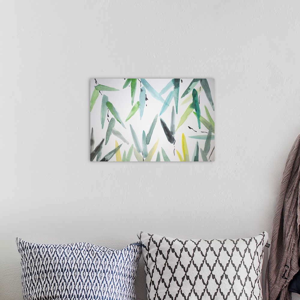 A bohemian room featuring Japanese painting with colorful branches on white background.