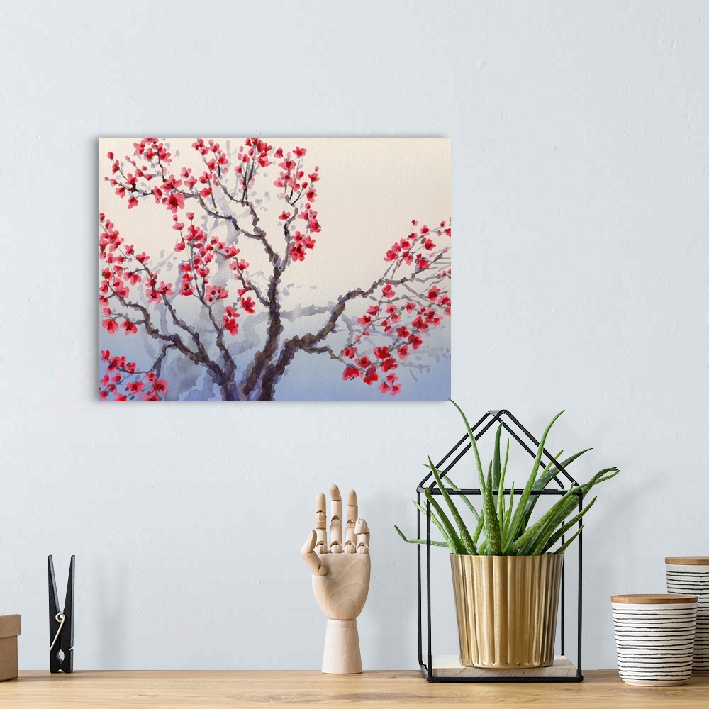 A bohemian room featuring Watercolor landscape in Chinese style. The bright red flowers bloom in spring on old tree.
