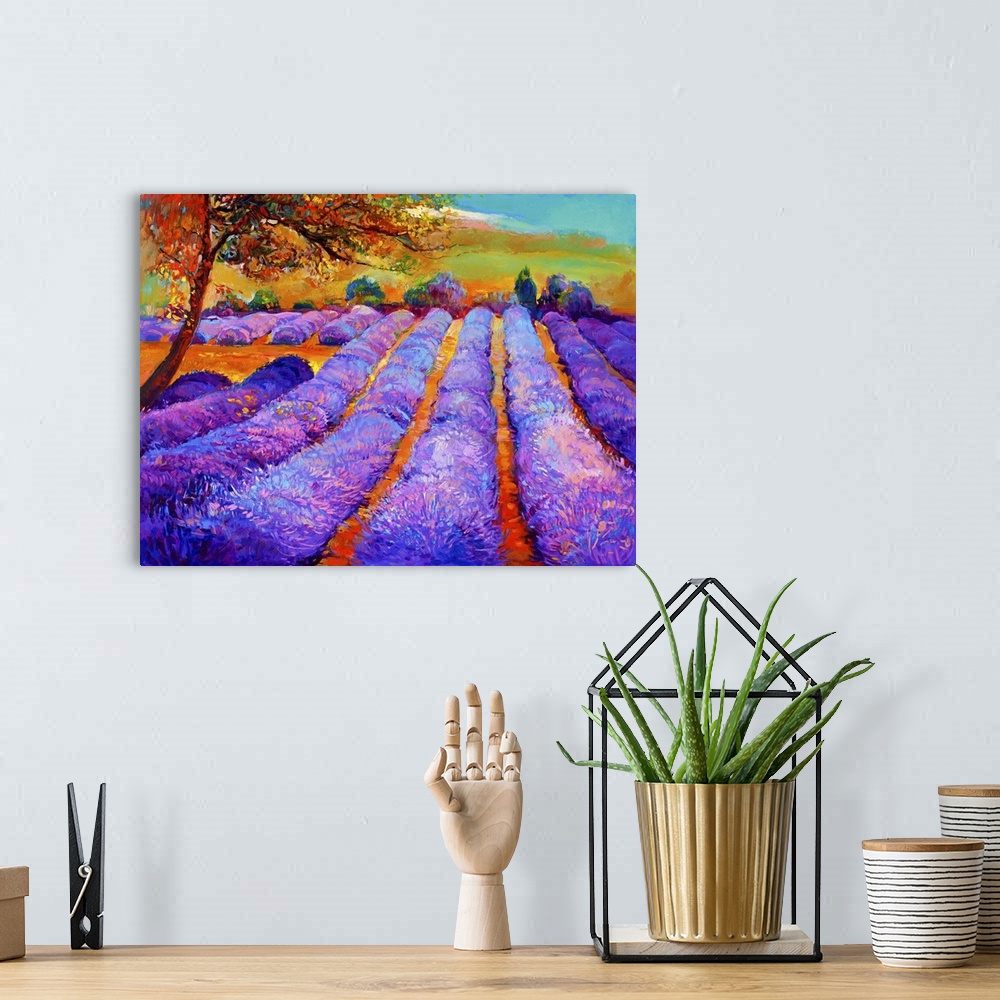 A bohemian room featuring Originally an oil painting of lavender fields on canvas. Sunset landscape. Modern impressionism.