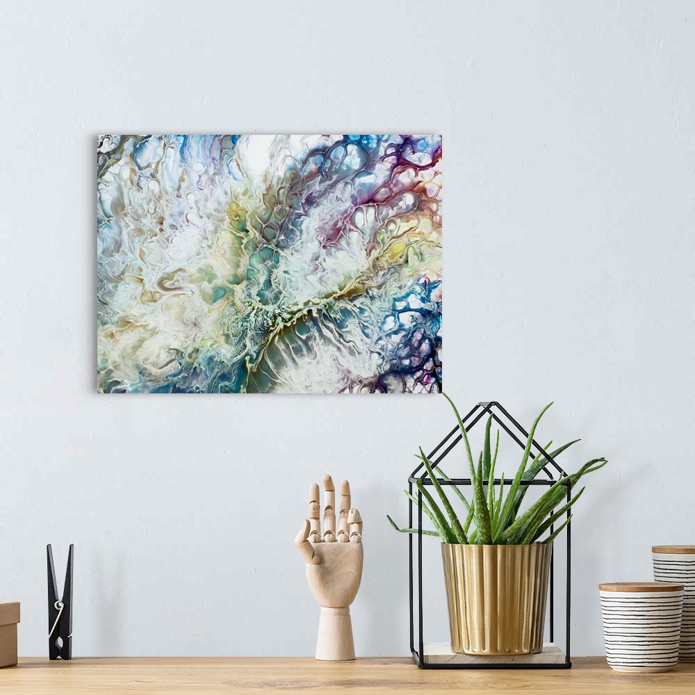 A bohemian room featuring Colorful abstract liquid painting of marble texture.