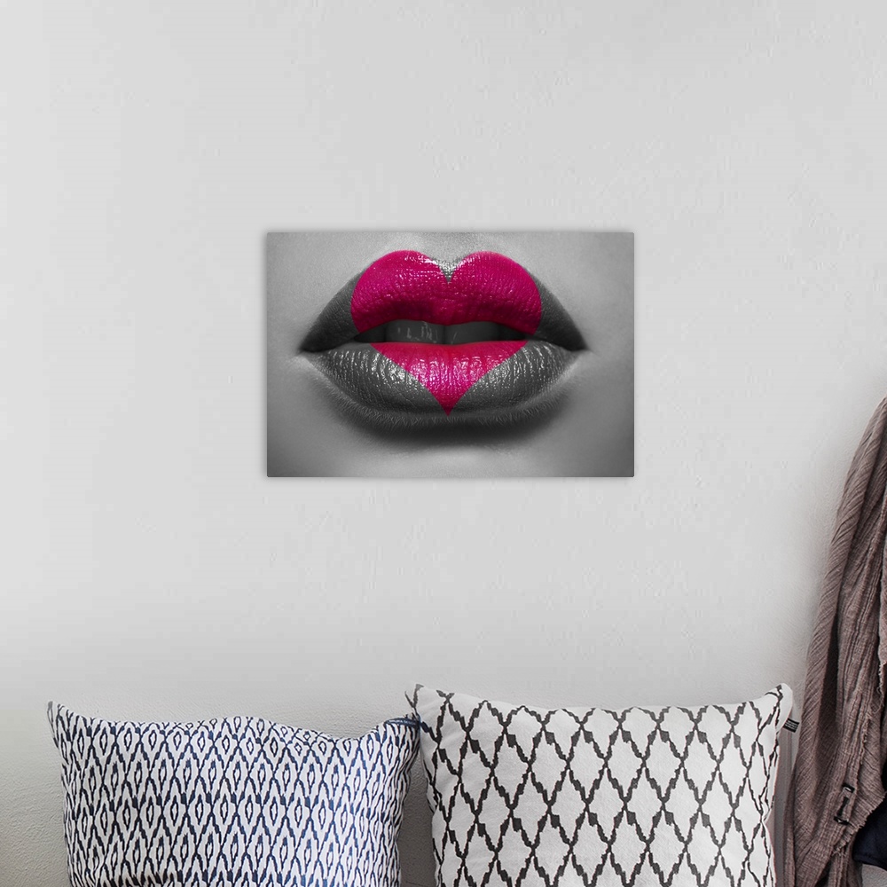 A bohemian room featuring Pink lipstick pattern in shape of a heart on lips.