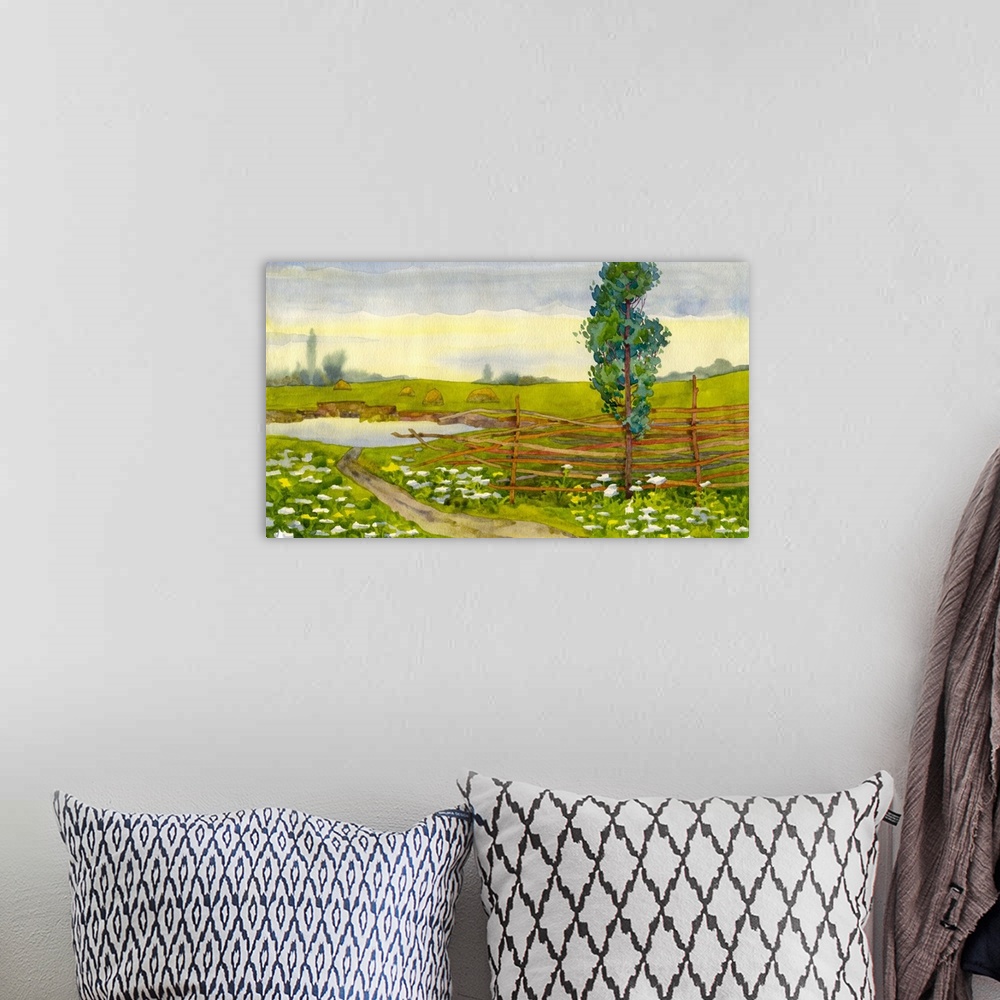 A bohemian room featuring Watercolor landscape of a poplar near a fence,