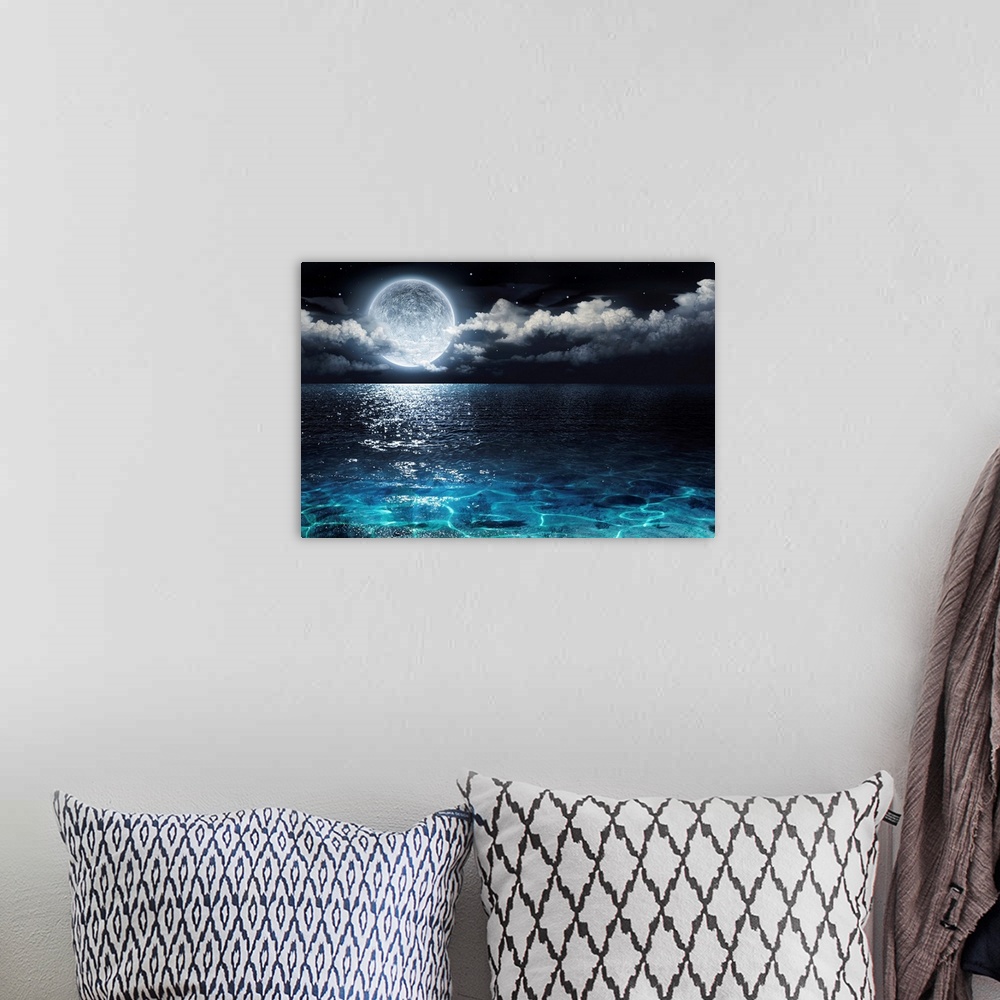 Large Canvas Wall-Art Blue - Pink Flower Wall Decor for Living Room - Moon Sea Ocean Landscape Pictures for Living Room Wall Decoration Ready to