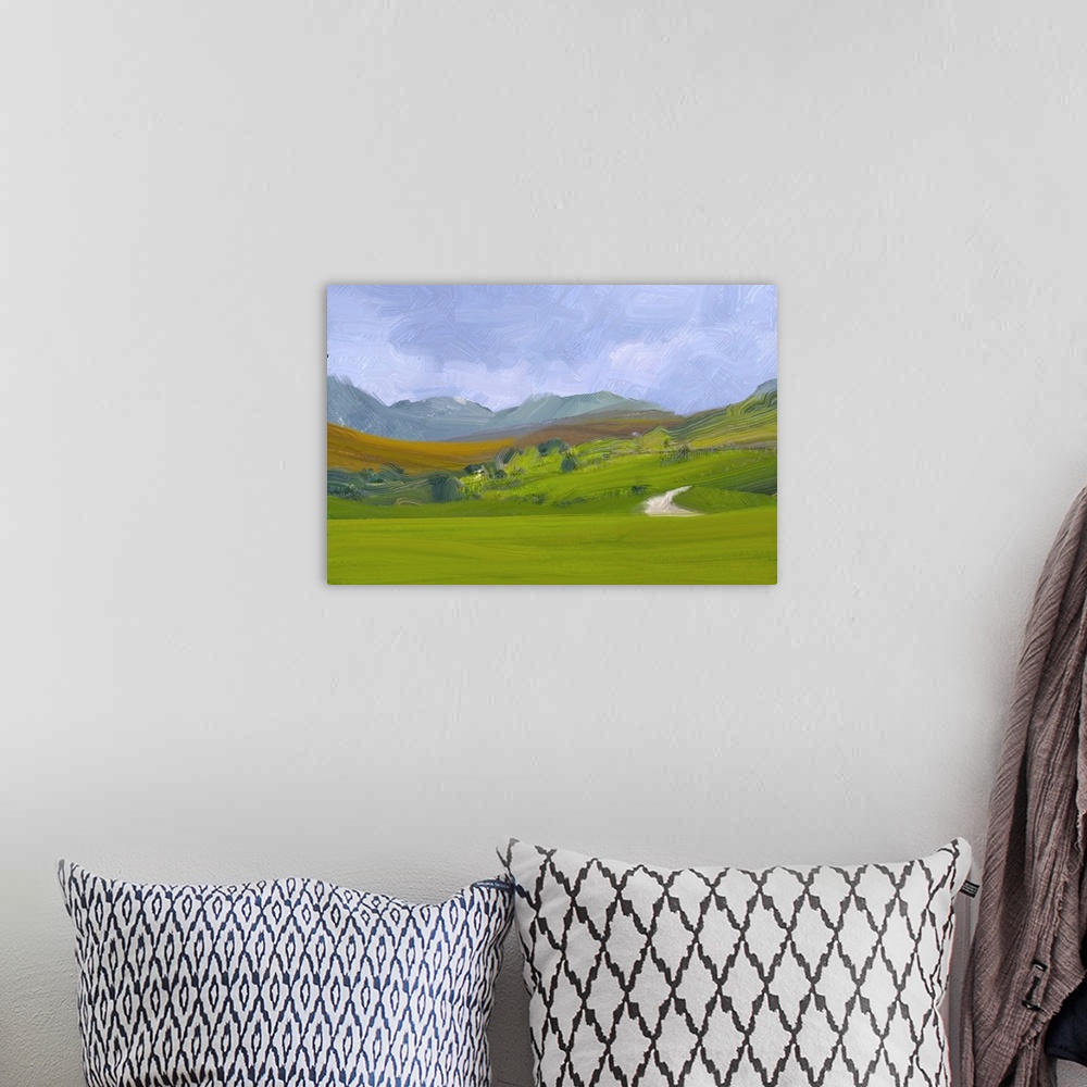A bohemian room featuring 2D illustration. Originally an oil painting, landscape art. Rural mountain region. Colorful green...