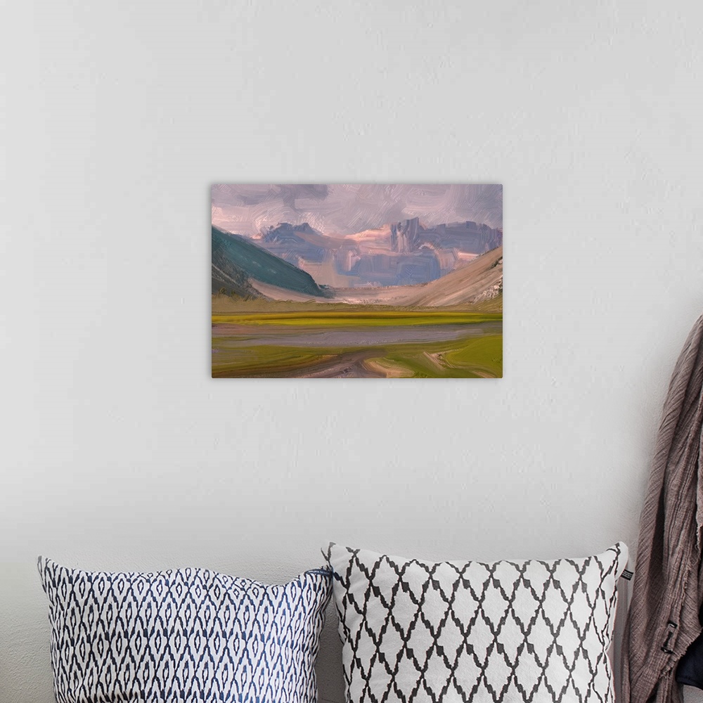 A bohemian room featuring 2D illustration. Originally an oil painting of landscape art. Rural mountain region. Colorful gre...