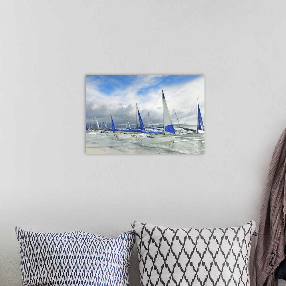 A bohemian room featuring Sailboats And Sandy Coast At Boracay, Philippines