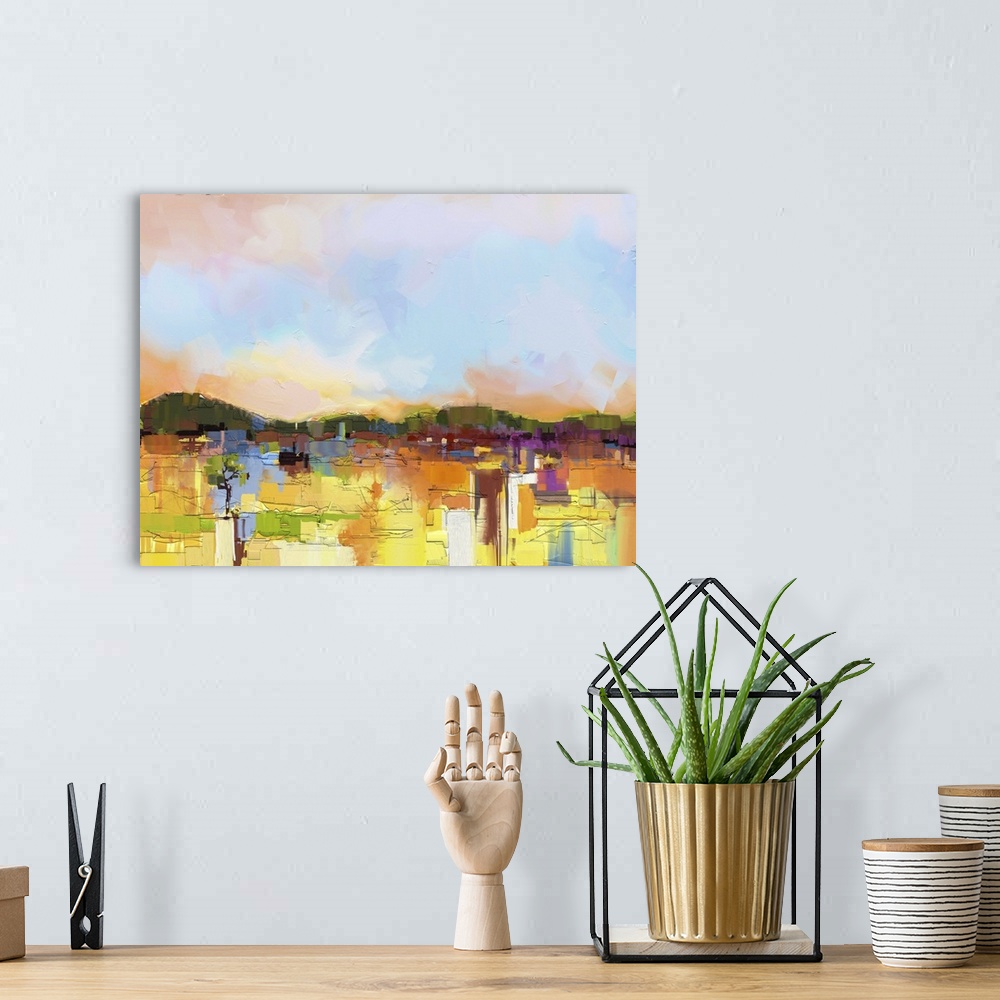 A bohemian room featuring Originally an abstract oil painting landscape on canvas. Semi- abstract image of hill and field i...