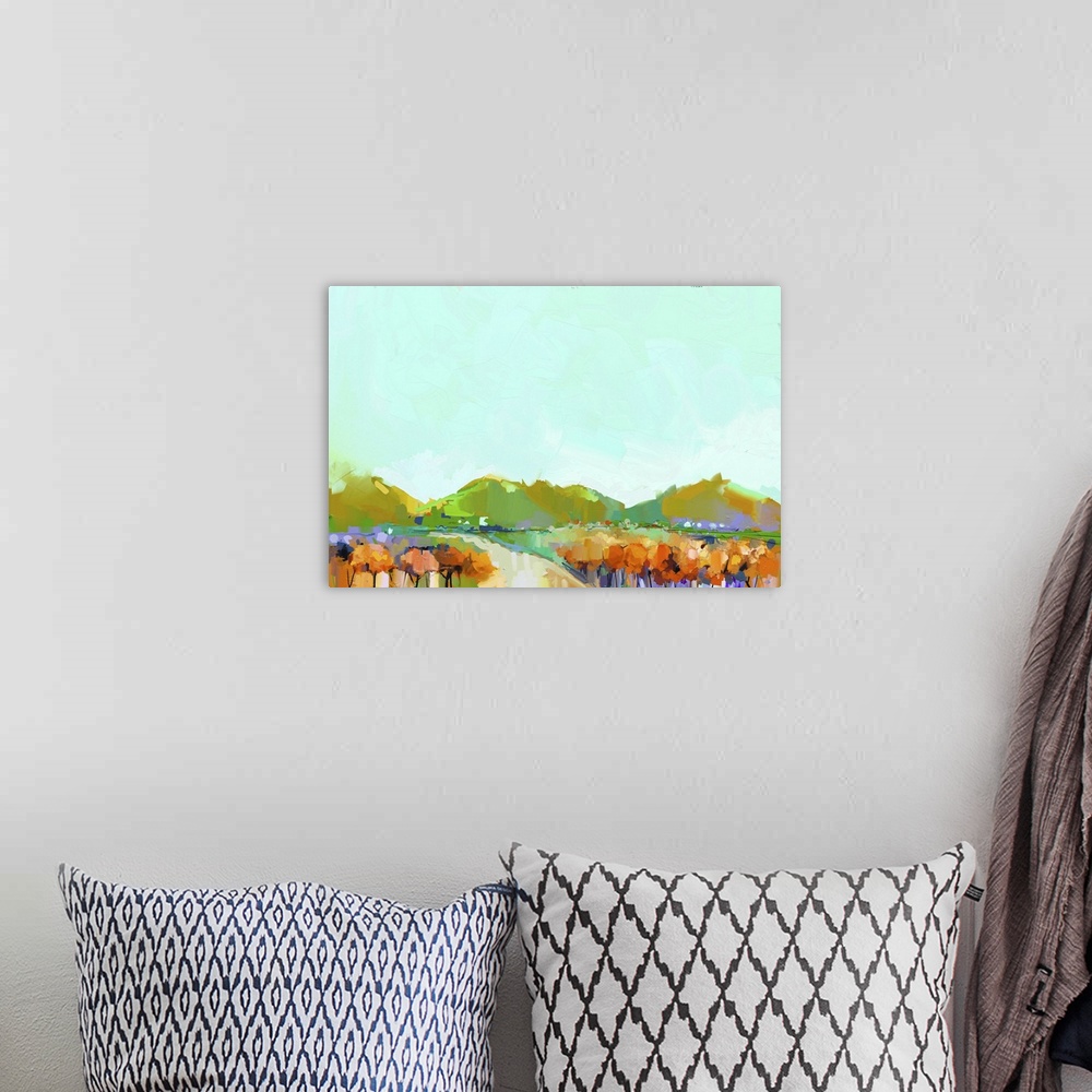 A bohemian room featuring Originally an abstract oil painting landscape on canvas. Semi- abstract image of hill, river and ...
