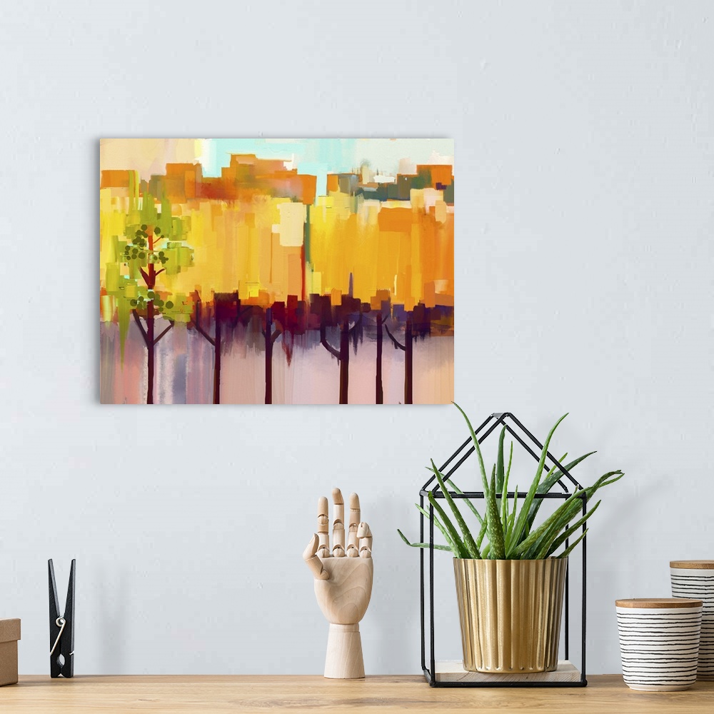 A bohemian room featuring Originally an oil painting landscape on canvas. Semi- abstract image of tree in yellow and green ...