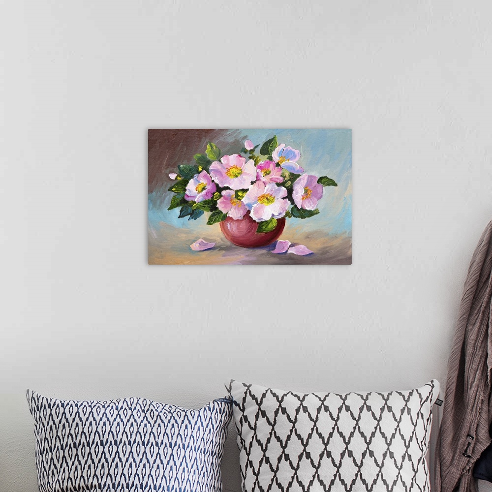A bohemian room featuring Originally an oil painting of spring pink wild roses in a vase on canvas.