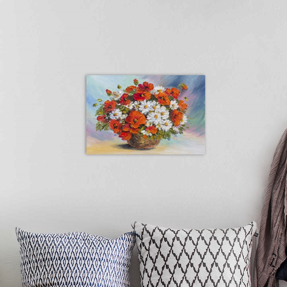 A bohemian room featuring Originally an oil painting of still life. Originally an abstract watercolor bouquet of poppies an...