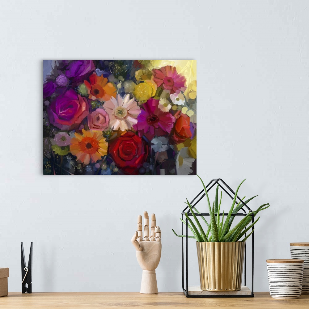 A bohemian room featuring Still life of yellow, red and pink color flower. Originally an oil painting of a colorful bouquet...
