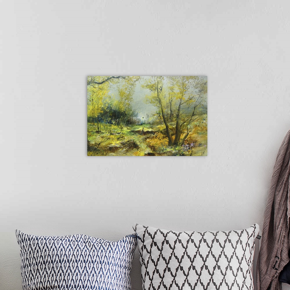 A bohemian room featuring Trees in the landscape, originally an oil painting, artistic background.
