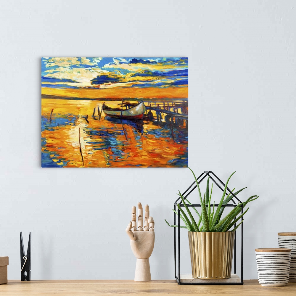 A bohemian room featuring Originally an oil painting on canvas of a boat and jetty (pier).