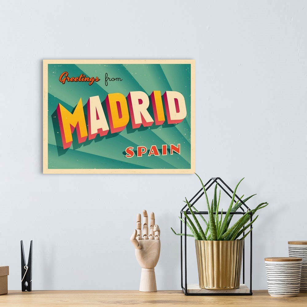 A bohemian room featuring Vintage touristic greeting card - Madrid, Spain.