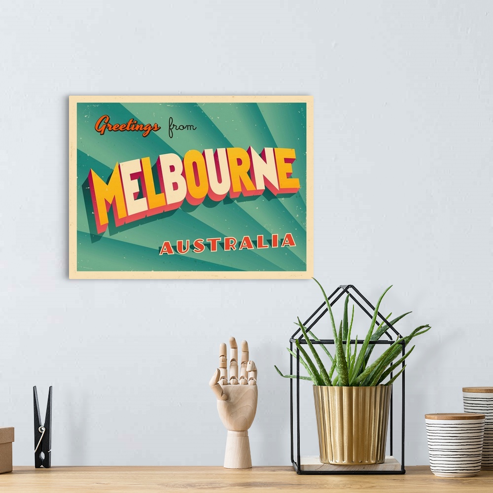 A bohemian room featuring Vintage touristic greeting card - Melbourne, Australia.