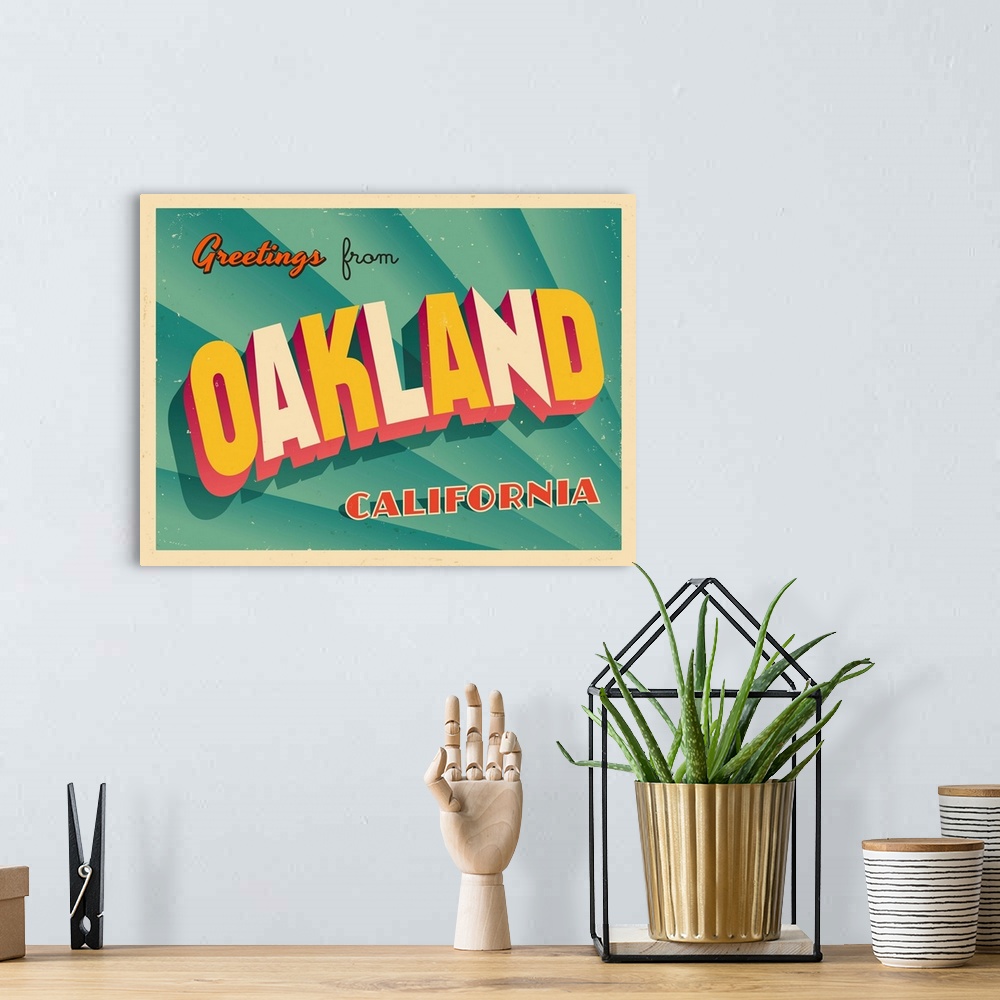 A bohemian room featuring Vintage touristic greeting card - Oakland, California.