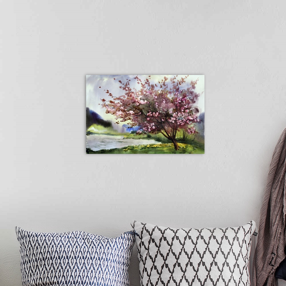 A bohemian room featuring Watercolor painting of a landscape with a blooming spring tree.