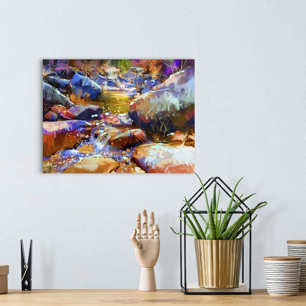 A bohemian room featuring Beautiful waterfall with colorful stones in autumn forest, originally a digital painting.