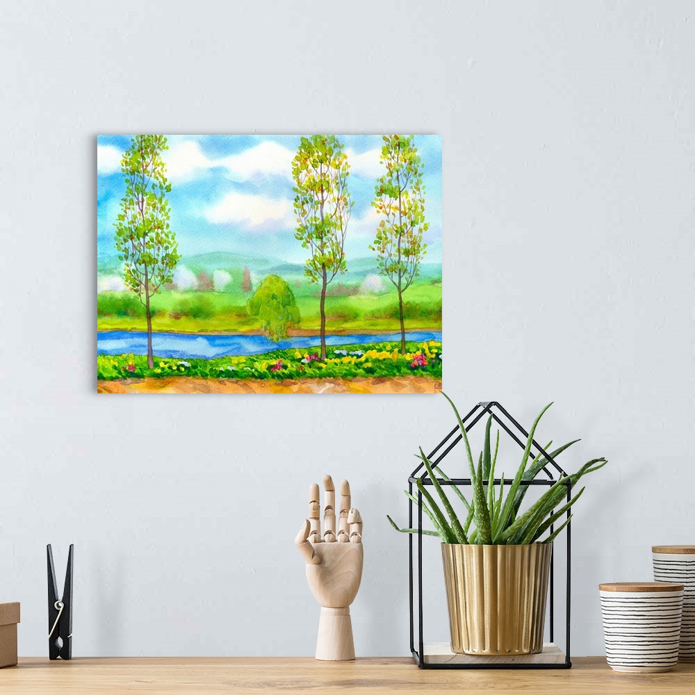 A bohemian room featuring Watercolor landscape of young poplar trees on the river in the freshness of a bright spring day.