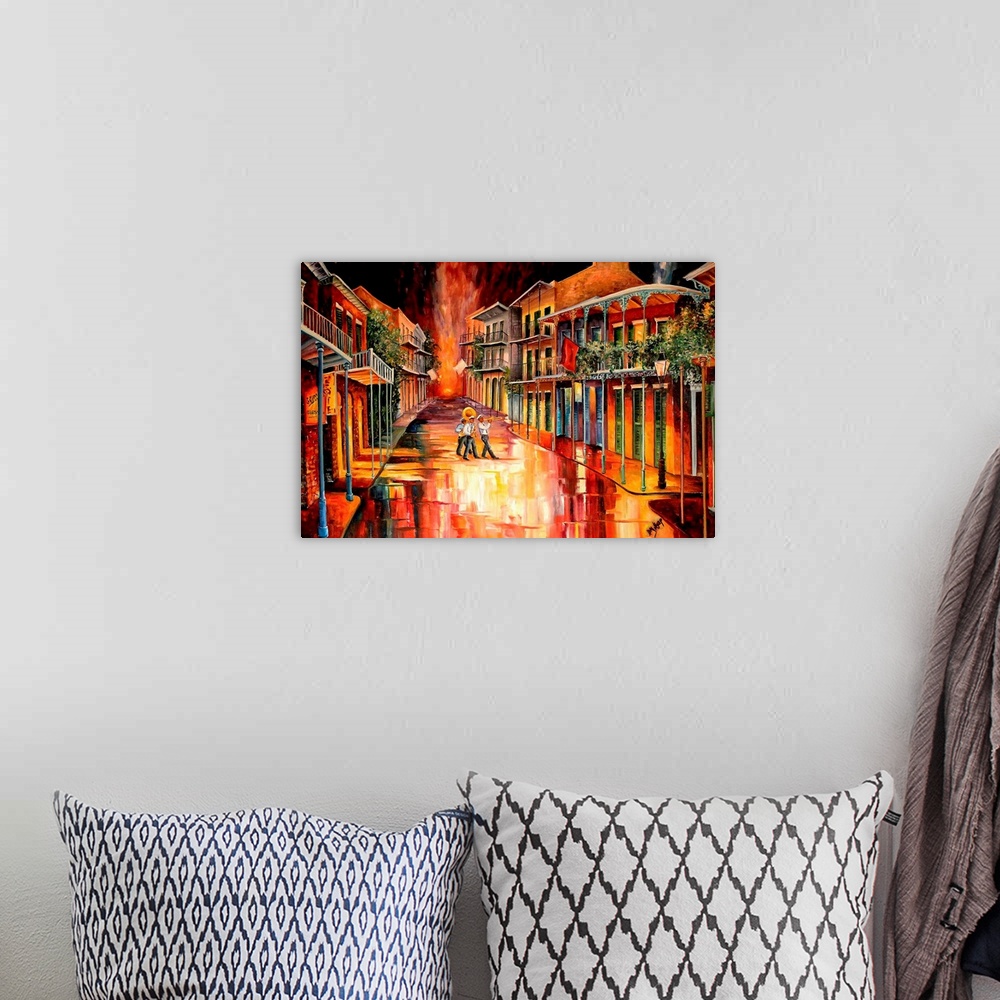 A bohemian room featuring Contemporary artwork that uses bright colors to paint a street lined with buildings in New Orlean...