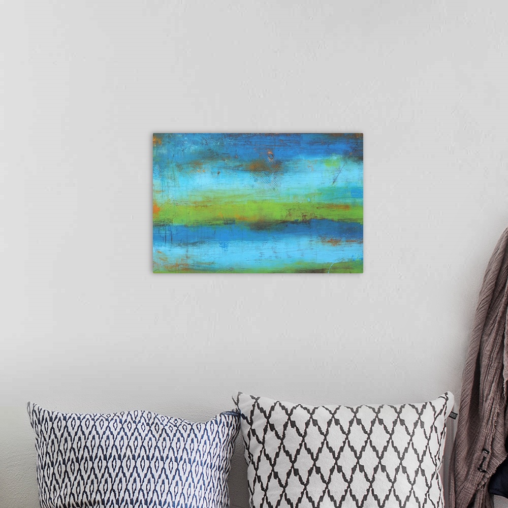 A bohemian room featuring Contemporary abstract painting of a gradient going from top to bottom with grungy textures on top.