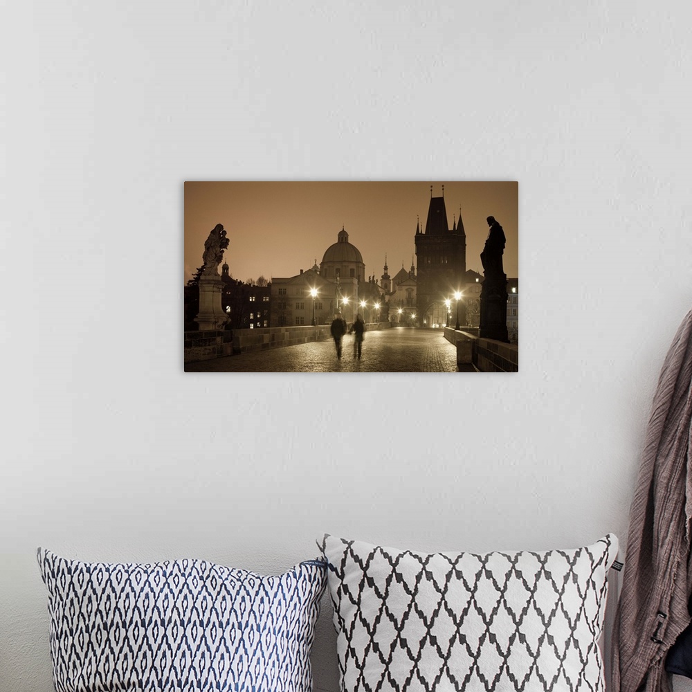 A bohemian room featuring Czech Republic, Central Bohemia Region, Prague, Charles Bridge, Street lights at dawn
