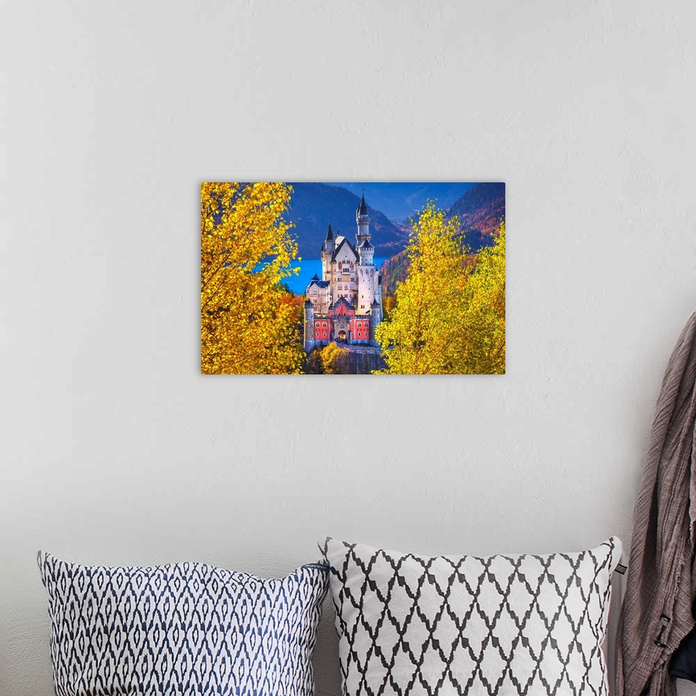 A bohemian room featuring Germany, Bavaria, Swabia, Neuschwanstein Castle with Lake Alpsee and Tannheim Mountains in backgr...