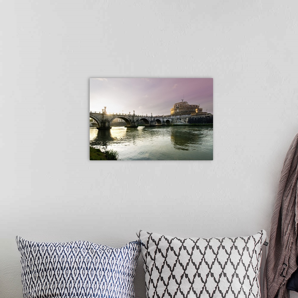 A bohemian room featuring Italy, Rome, Mausoleum of Hadrian, Mediterranean area, Roma district, sunset on Tevere