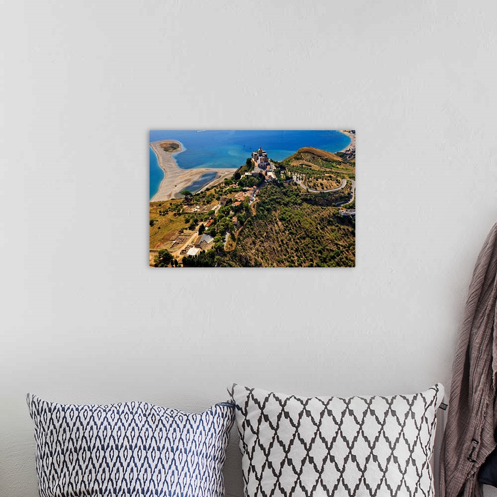 A bohemian room featuring Italy, Sicily, Messina district, Tindari, Aerial view, town, lakes and Greek Theatre