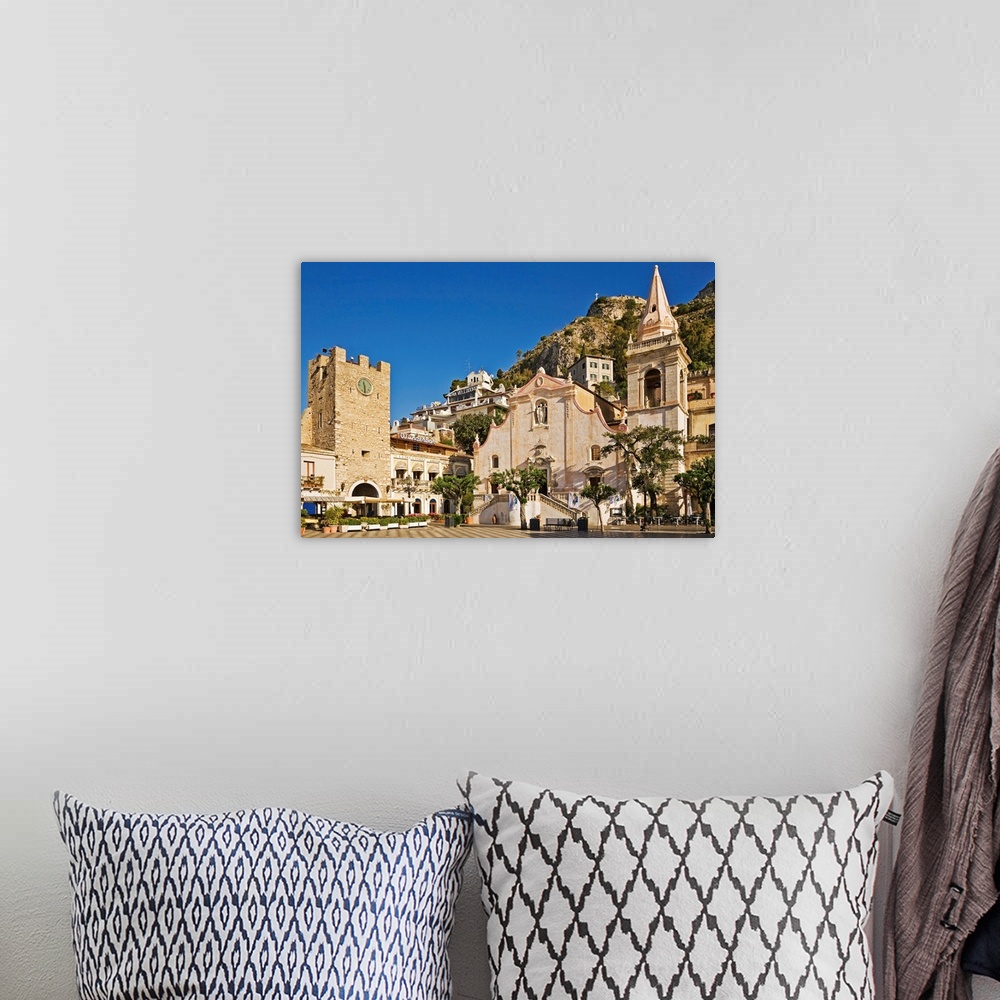 A bohemian room featuring Italy, Sicily, Taormina, Piazza IX Aprile, clock tower and San Giuseppe church