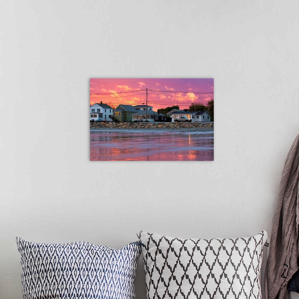 A bohemian room featuring Maine, Cape Neddick, Houses at sunset along the Long Sands Beach
