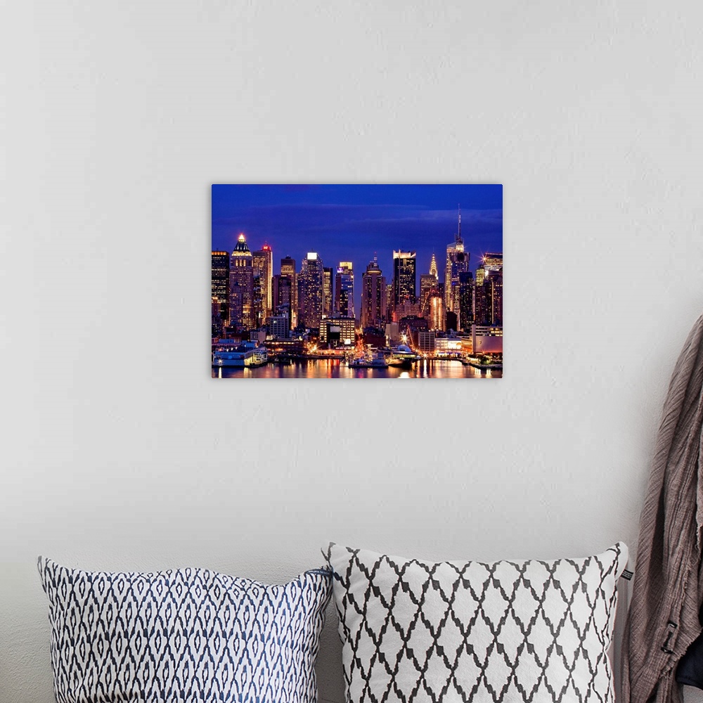 A bohemian room featuring New York, New York City, Manhattan, midtown skyline, viewed from New Jersey