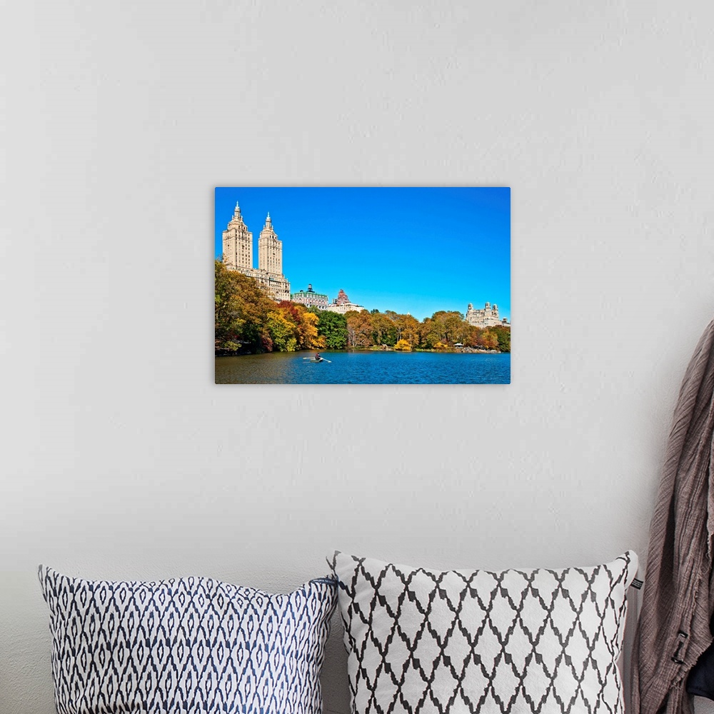 A bohemian room featuring New York, NYC, Central Park, Central Park West seen across Jackie Kennedy Reservoir