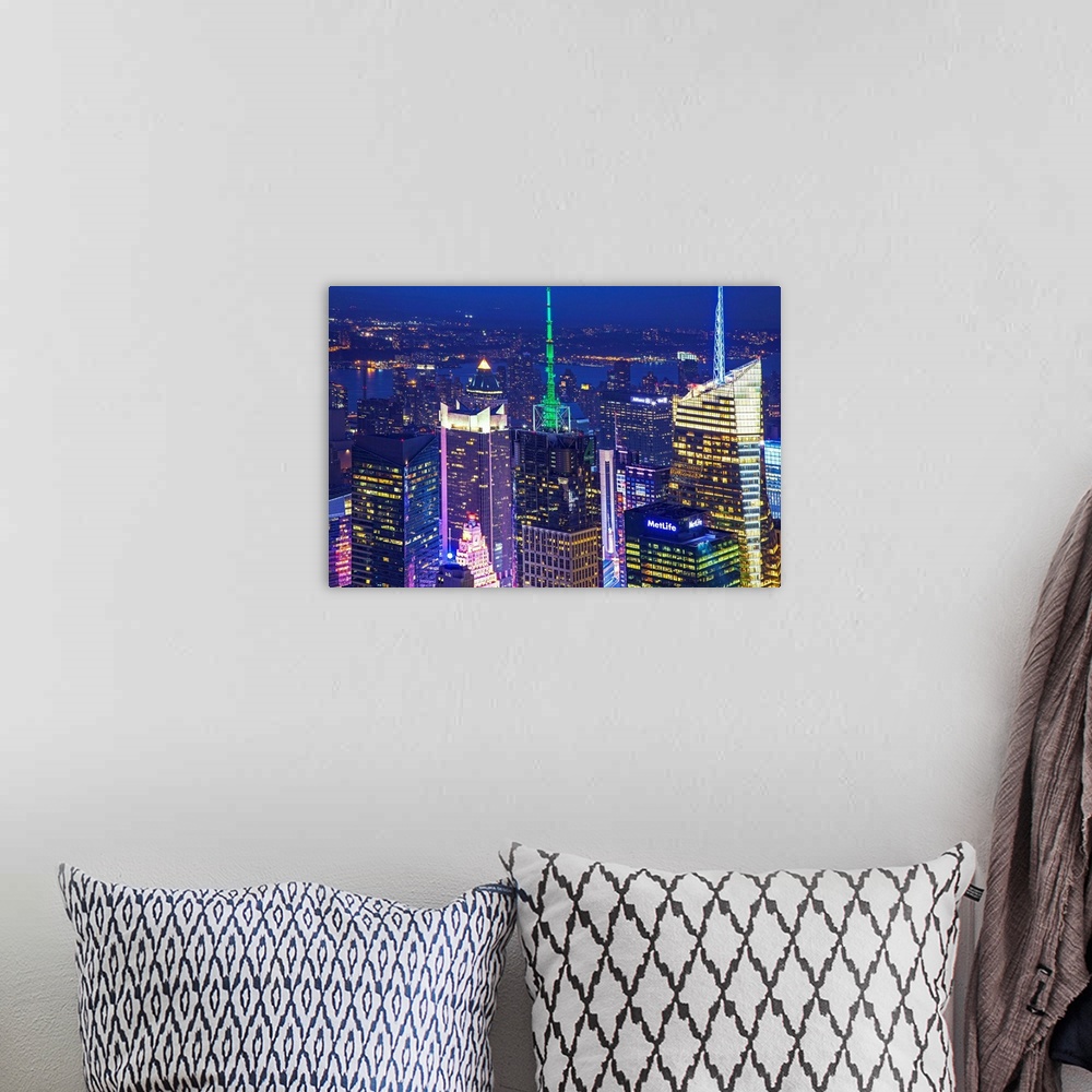 A bohemian room featuring NYC, Times Square skyline with Conde Nast and Bank of America buildings
