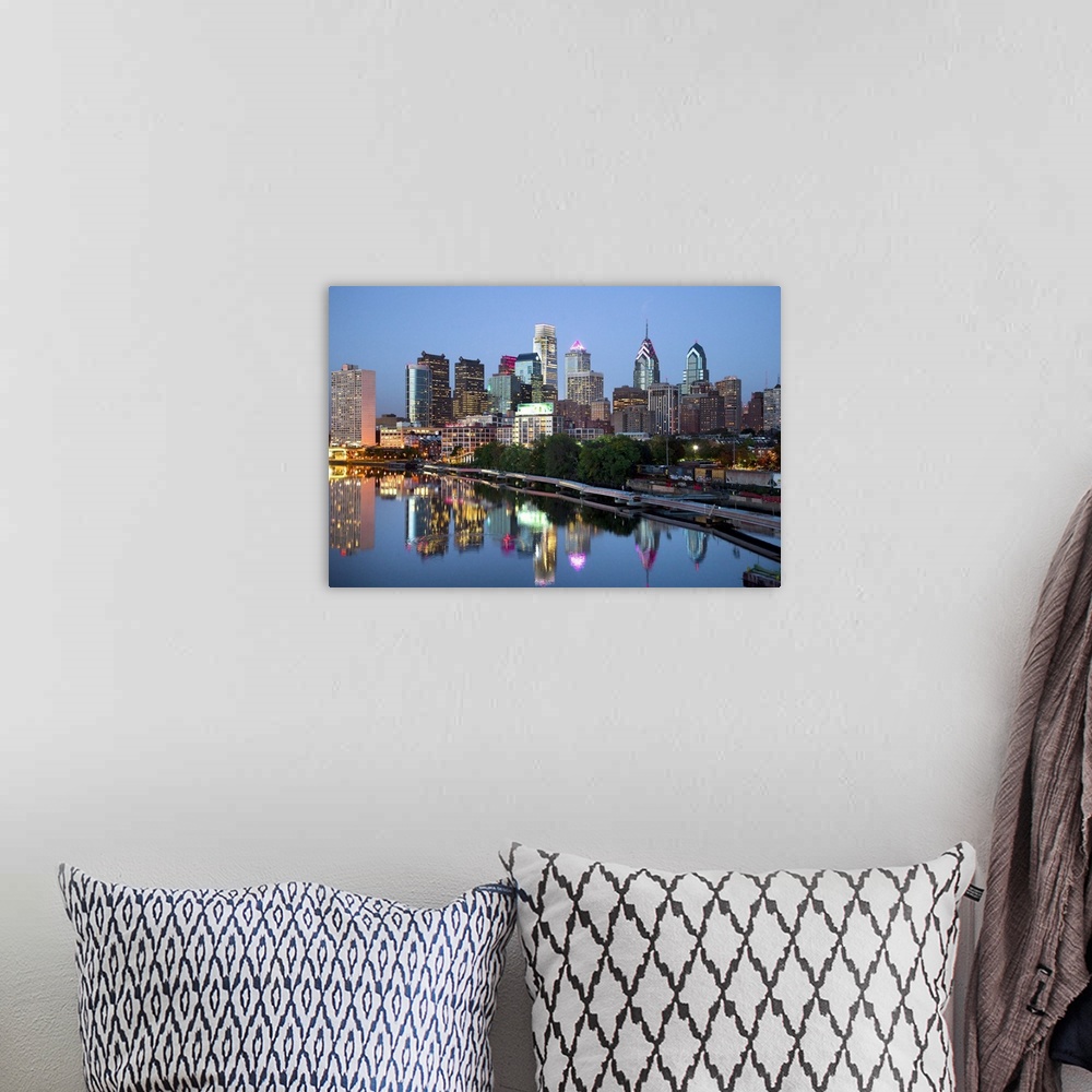 A bohemian room featuring USA, Pennsylvania, Philadelphia, City skyline over the Delaware River.
