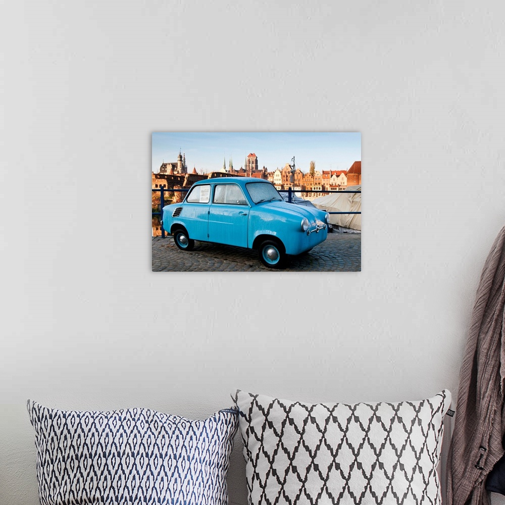 A bohemian room featuring Poland, Pomerania, Central Europe, Gdansk, Old car on the Motlawa riverside
