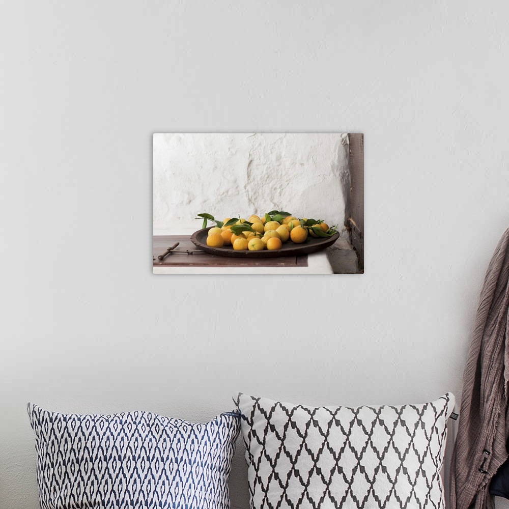 A bohemian room featuring Spain, Balearic Islands, Mallorca, Pollenca, Freshly picked oranges in dish
