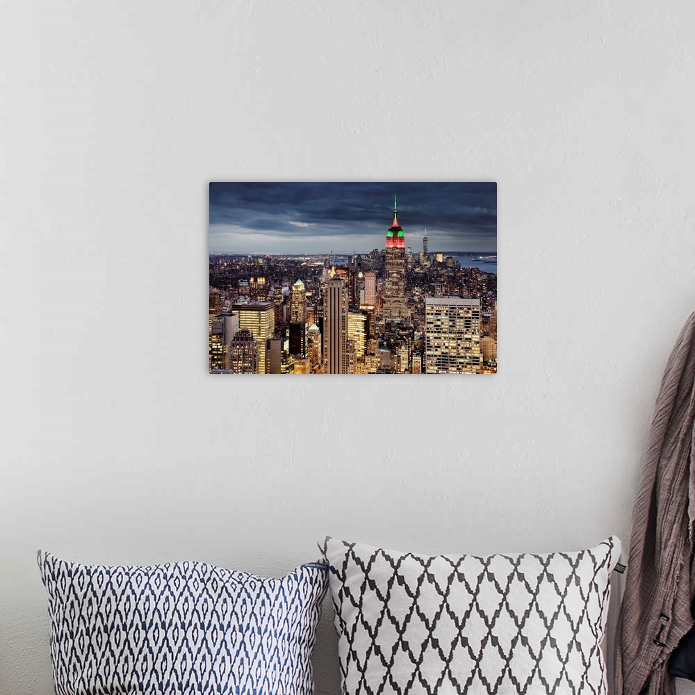 A bohemian room featuring USA, New York City, Midtown skyline and Empire State building from the Rockefeller Center Top of ...