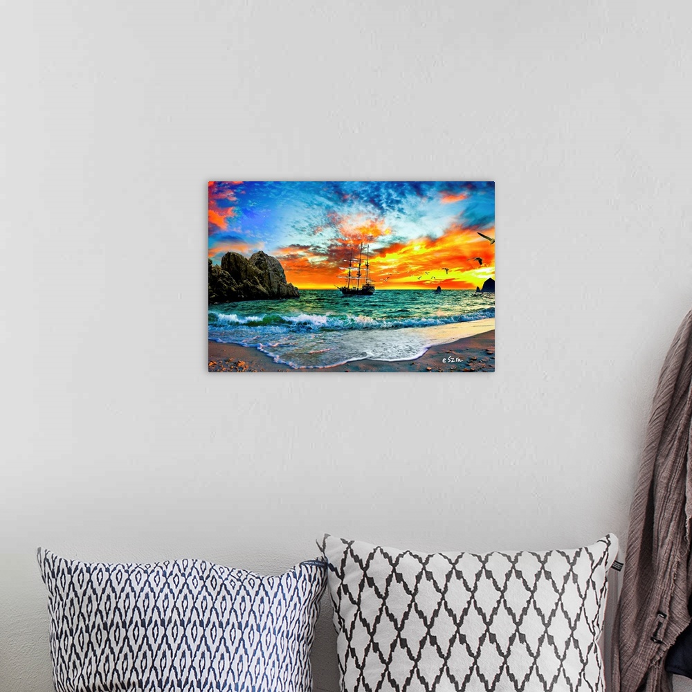 A bohemian room featuring Fantasy art featuring a pirate ship sailing into the sunset in Cabo San Lucas.