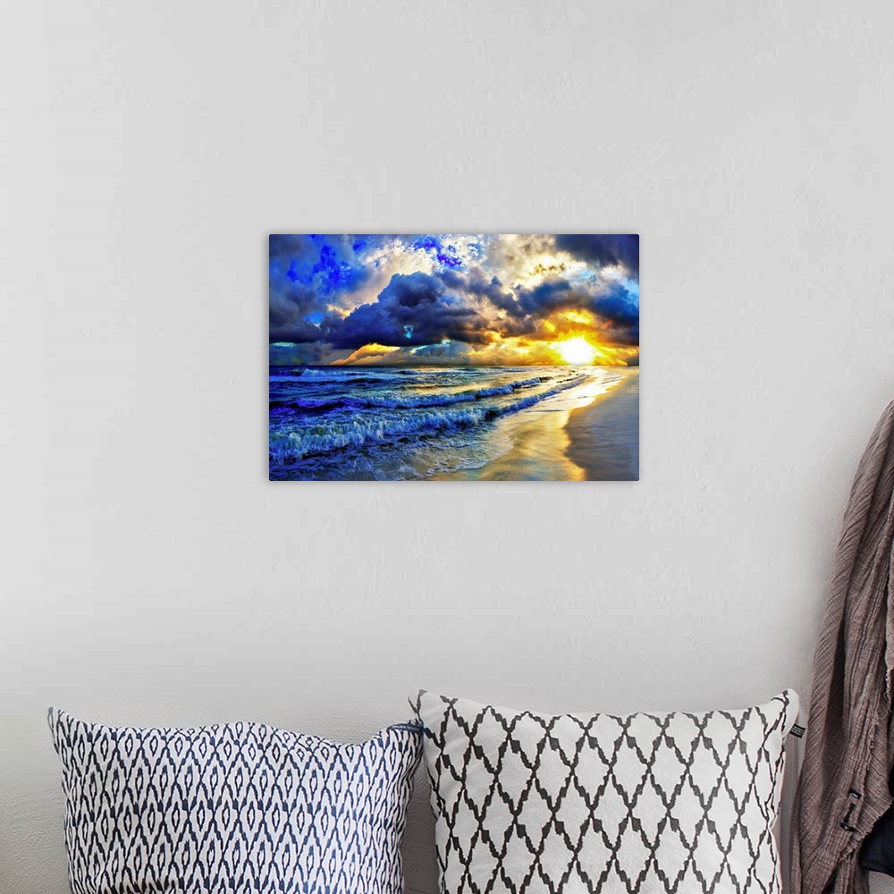 A bohemian room featuring A beautiful ocean landscape featuring a beach sunset with dark and bright amazing layered clouds.