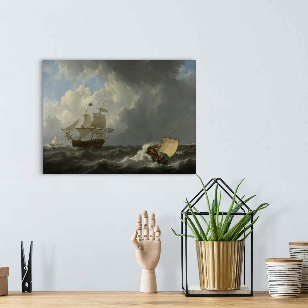 A bohemian room featuring Ships in a Turbulent Sea, by Johannes Christiaan Schotel, 1826, Dutch painting, oil on canvas. Fo...