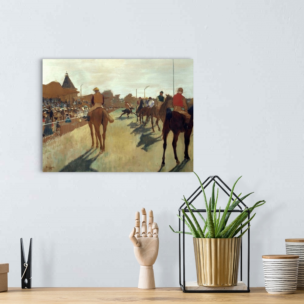 A bohemian room featuring Edgar Degas, French School. The Parade, also known as Race Horses in front of the Tribunes. Circa...