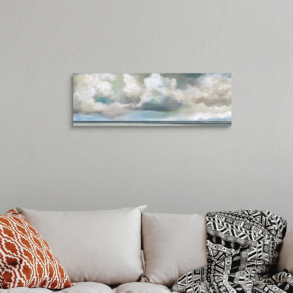 A bohemian room featuring In this contemporary panoramic painting, brisk brush strokes compose white fluffy clouds that dri...