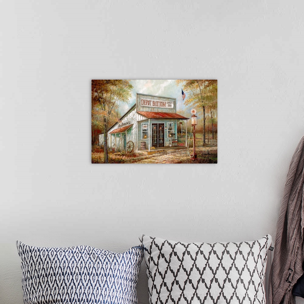 A bohemian room featuring Contemporary painting of a countryside antique store called "Depot Bottom" with Autumn trees surr...